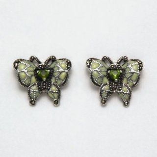 Sterling Silver Marcasite Butterfly Stud Earrings with Cream Enamel and Peridot Stone: Mayan Earrings: Jewelry