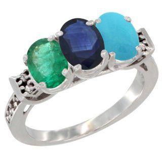 14K White Gold Natural Emerald, Blue Sapphire & Turquoise Ring 3 Stone Oval 7x5 mm Diamond Accent, sizes 5   10 Jewelry