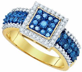 Ladies 10K Yellow Gold 1.06ct Blue Diamond Halo Ring: Jewelry