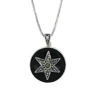 Sterling Silver Round Black Epoxy Marcasite 6 Point Star Drop Pendant Necklace , 16": Jewelry