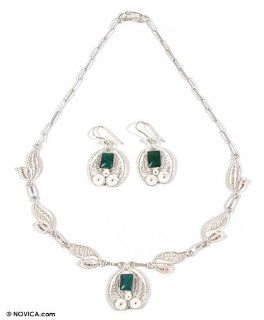 Chrysocolla jewelry set, 'Leaves'   Chrysocolla Silver Necklace And Earrings Jewelry Set: Jewelry