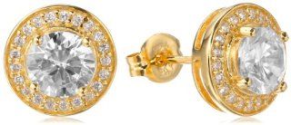 18k Yellow Gold Plated Sterling Silver Simulated Diamond Round Halo Stud Earrings: Jewelry