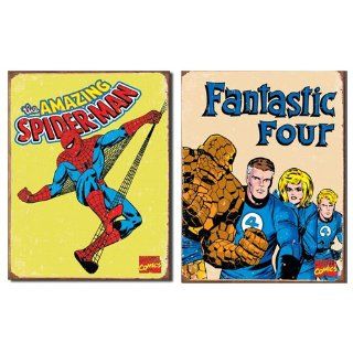 Nostalgic Superhero Tin Metal Sign Bundle   2 comic book hero signs Spider Man Retro & Fantastic Four Retro 0117   Decorative Signs