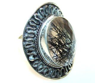 Tourmalinated Quartz Women Silver Tone Ring Size: 8 19.40g (color: black, dim.: 1 1/2, 1 1/4, 3/8 inch). Tourmalinated Quartz Crafted in Silver Tone Metal only ONE ring available   ring entirely handmade by the most gifted artisans   one of a kind world wi