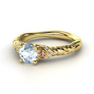 Duchess of Hearts Ring Round Aquamarine 14K Yellow Gold Ring with Rhodolite Garnet & Diamond: Jewelry