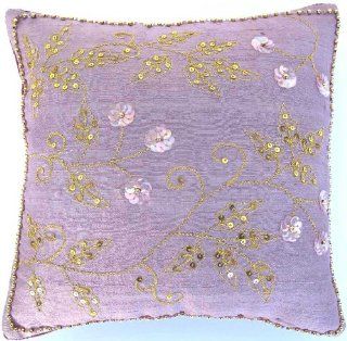 Whimsy Floral Embroidered & Beaded Silk Pillow Cushion Cover 10" x 10" Lavender Lilac Purple Gold : Throw Pillow Covers : Everything Else