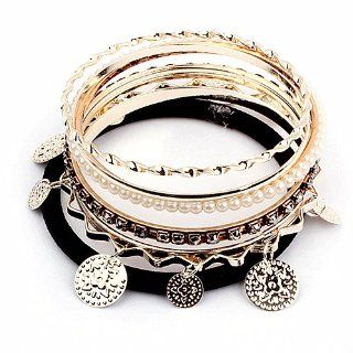 Gold Tone Plate Charm Pearl Black Beaded Bangle Bracelet, Bracelet Set: Jewelry
