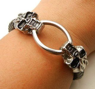 SALE OUT!!! LIMITED STOCK! TF631  ANGRY SKULL CLasp Black Leather Bracelet Rock Heavy Metal Punk Biker: Health & Personal Care