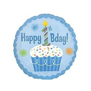 "Happy 1st Bday!" Cupcake Boy Blue Stars Green Orange 18" Balloon Mylar: Health & Personal Care
