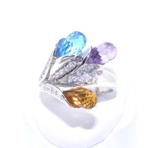 14K White Gold Bouquet Blue Topaz/Amethyst/Citrine/Diamond Ring: Jewelry