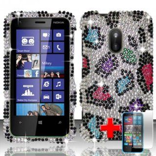 Nokia Lumia 620 (AIO Wireless) 2 Piece Snap On Rhinestone/Diamond/Bling Hard Plastic Case Cover, Pink/Purple Leopard Spot Pattern Silver Cover + LCD Clear Screen Saver Protector: Cell Phones & Accessories