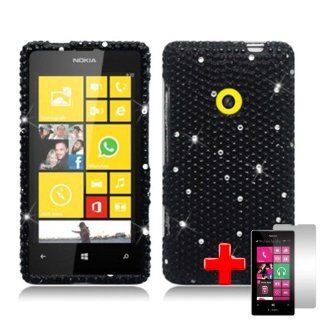 Nokia Lumia 521 (T Mobile) 2 Piece Snap On Rhinestone/Diamond/Bling Hard Plastic Case Cover, White Spots Black Cover + LCD Clear Screen Saver Protector: Cell Phones & Accessories