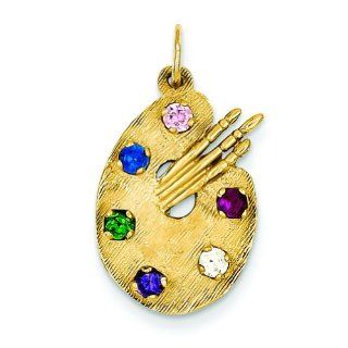 14K Yellow Gold CZ Stones Artist Paint Palette Charm: Jewelry
