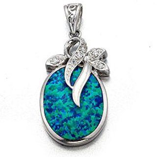 925 Sterling Silver 14K White Gold Plated Lab Created Opal & Cubic Zirconia Pendant Jewelry