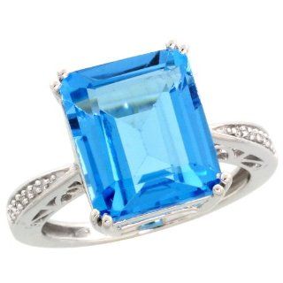 10k White Gold Rectangular Stone Ring, w/ 0.05 Carat Brilliant Cut Diamonds & 6.97 Carats (12x10mm) Emerald Cut Blue Topaz Stone, 1/2 in. (13mm) wide Jewelry