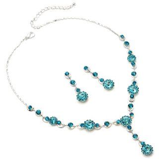 Silver Aquamarine Sunflower Y Neck Dangle Center Necklace & Matching Dangle Earrings Jewelry Set: Jewelry