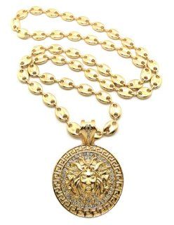 Hot Celebrity Style Gold Rhinestone Medusa Head Circle Pendant w/10mm 36" Hip Hop Chain Necklace RC6G: Jewelry
