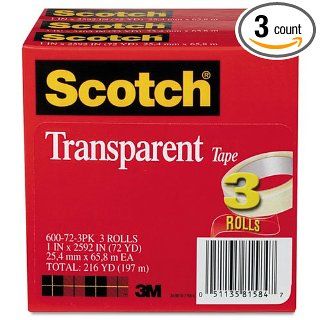 Scotch Transparent Tape 600 72 3PK, 1" x 2592", 3" Core, Transparent, 3 Rolls: Industrial & Scientific