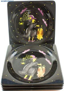 Laurie Gates Witch Handpainted Halloween Square Dinner Plates, Set of 4: Salad Plates: Kitchen & Dining