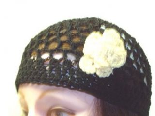 Cp156bw, Hand Crocheted Black Gimp Skull Cap with Crocheted White Gimp Rosette Skull Cap for Women, Teens and Petites.