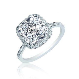 GIA Certified Halo Cushion & Round Cut Diamond Engagement Ring 2.12 Carat 18K White Gold: Jewelry
