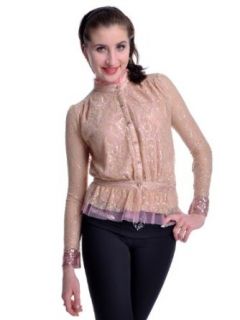 Anna Kaci S/M Fit Pink Tulle Trim Sequin Embellished Cuffs Peplum High Neck Top at  Womens Clothing store