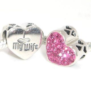 Pro Jewelry .925 Sterling Silver "I Love My Wife Heart w/ Pink Crystal" Charm Bead for Snake Chain Charm Bracelet 4133: Jewelry