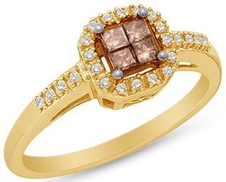 10K Yellow Gold Halo Invisible Set Princess and Round Cut Chocolate Brown and White Diamond Engagement Ring OR Fashion Band   Square Princess Shape Center Setting   (1/4 cttw.): Jewelry