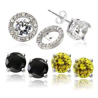 Sterling Silver Black, Clear & Yellow CZ Stud Set of 3 with Halo CZ Earring Jacket Jewelry