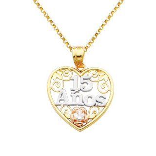 14K 3 Tri color Gold 15 Aos Heart Charm Pendant with Yellow Gold 1.2mm Classic Rolo Cable Chain Necklace with Spring ring Clasp   Pendant Necklace Combination (Different Chain Lengths Available) Jewelry