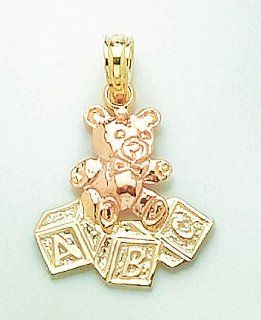 14k Gold Baby Necklace Charm Pendant, Teddy Bear Rose Gold With Abc Blocks Million Charms Jewelry