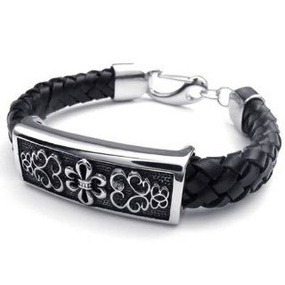 8", KONOV Jewelry Black Leather Mens Cuff Bracelet Stainless Steel Fleur De Lis Charm   8 inch: KONOV Jewelry: Jewelry