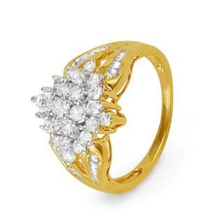 10KT Yellow Gold Baguette and Round Diamond Cluster Ring (1 Cttw): Right Hand Rings: Jewelry