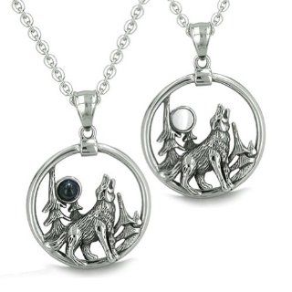 Amulets Love Couple or Best Friends Set Howling Wolf and Moon Forces of Nature Medallions Positive Powers Man Made Black Onyx White Cat's Eye Pendants Necklaces Jewelry