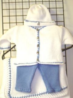 Cpk673bk, Knitted on Hand Knitting Machine Bleached White Cardigan Sweater, Hat Trimmed By Hand Crochet with Denim Cotton Denim Cotton Pants and Blanket Newborns and Infants: Clothing