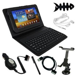 7 Accessories for Samsung Galaxy Tab 7.0 Plus P6210:Premium Skque Black Leather Case with Bluetooth Keyboard+Fish Bone Holder+White New 3.5mm Earphone Headset w/mic+USB Data Cable+Black Stylus Pen+Car Charger with Cable 2100mA Output+Car Mount Holder: Comp