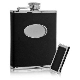 Aeropen Flask + Funnel + Money Clip   3 Piece Set ( Black Bonded Leather Wrap with Oval Convex Flask ) Model No. GFM 706 : Beauty