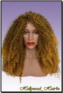 Hollywood_hair4u   Long Extra Curly Afro Style T4/27 Brown with Blond Tips Sun Kissed Wig Kanekalon Heat Resistant Synthetic Fiber Wig with Packed Roots Top *NEW* : Hair Replacement Wigs : Beauty