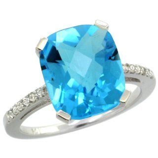 14k White Gold Large Rectangular Stone Ring w/ 0.13 Carat Brilliant Cut Diamonds & 5.00 Carats Cushion Cut (12x10mm) Swiss Blue Topaz Stone, 1/2 in. (12mm) wide, size 8: Jewelry