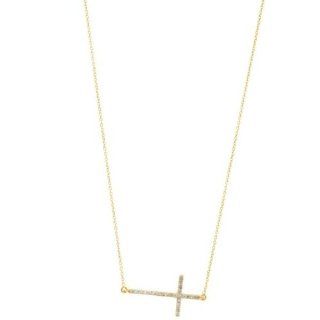 14K Yellow Gold Diamond Sideways Cross Necklace Chain 18" 0.25ct: Pendants: Jewelry