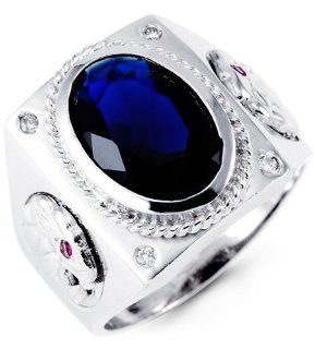Mens 14k White Gold Oval Blue Clear CZ Fashion Ring Jewelry