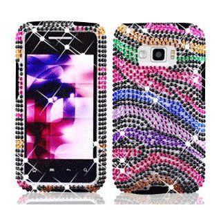 LG Optimus Elite LS696 LS 696 Cell Phone Full Crystals Diamonds Bling Protective Case Cover Black with Rainbow Color Zebra Animal Skin Design Cell Phones & Accessories