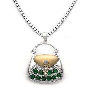 14k Two Tone Yellow and White Gold Emerald and Diamond Purse Pendant Jewelry