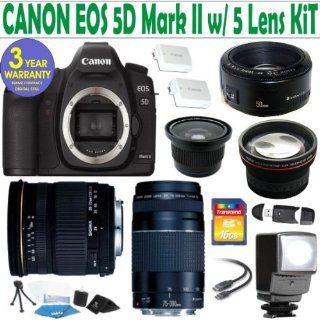 Canon EOS 5D Mark II 5 Lens Deluxe Kit with Sigma 28 70 F2.8 4 DG Lens   Canon EF 75 300mm f/4 5.6 III Telephoto Zoom Lens   Canon 50mm 1.8 Lens   .40x Fisheye Lens   2.2x Telephoto Lens   16 GIG Memory Card   3 Year Celltime Warranty : Digital Camera Acce