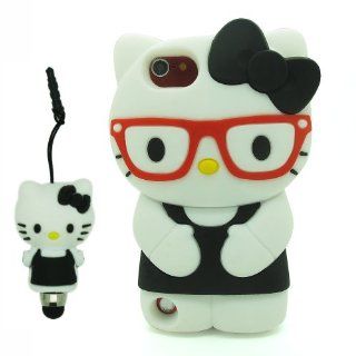 DD Black 3D Cartoon Cute Super Adorable Hello Kitty with Glasses Soft Silicone Case Skin Protective Cover for Apple iPod Touch iTouch 5 5G 5th Generation with 3D Silicone Hello Kitty Stylus Touch Pen : MP3 Players & Accessories