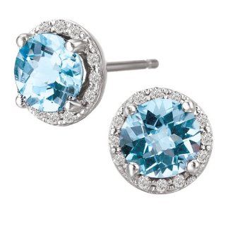Tivolia Collection 14k White Gold Round Blue Topaz and Diamond Halo Earrings: Jewelry