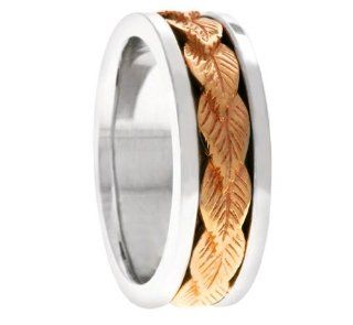 Men's Two Tone 18k White Rose Gold Leaf 7mm Comfort Fit Wedding Band Ring: American Set Co.: Jewelry