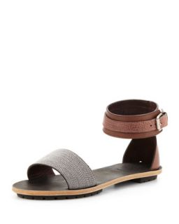 Womens Beaded Ankle Wrap Sandal, Brown   Brunello Cucinelli