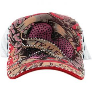 Red and White True Love Rhinestone Studded Heart Tattoo Cap   Ed Hardy Style: Clothing