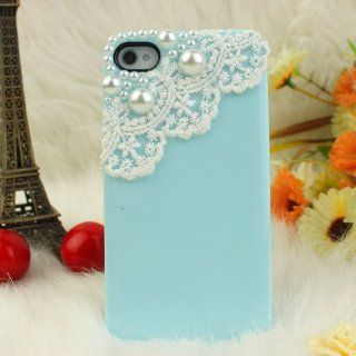 SODIAL(R) Nova Case 3D Bling Crystal iPhone Case for Sprint iPhone 4/4S Pearls and Lace   Baby Blue: Cell Phones & Accessories